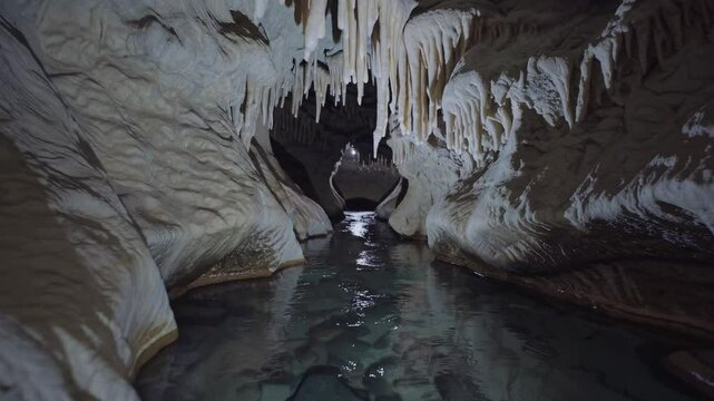 Flowing water meandering through narrow underground cave passage, revealing dark, mysterious geological formations of stalactites and rocky cavern landscape