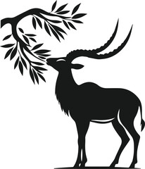 Silhouette of an antelope eating leaves from a hanging branch vector animal illustration