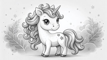 Fototapeta premium Adorable Black & White Unicorn Illustration: Cute Hand-Drawn Magical Creature, Childish Style