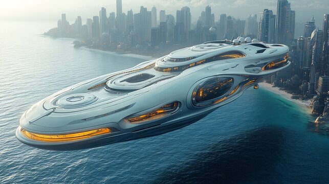 A luxury sky yacht hovering over an ocean city, utilizing anti gravity technology for ultra smooth air travel. Bright, futuristic,