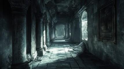 Fototapeta premium Eerie Corridor with Ancient Columns and Arched Windows Mysterious Atmosphere for Horror Fanta