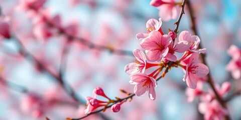 Obraz premium Delicate pink blossoms in full bloom against a soft spring background, rose, beautiful