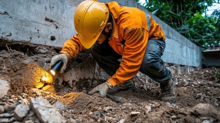 Fototapeta premium Construction Worker Examining Foundation with Flashlight