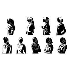 Set silhouettes of muslim woman wearing islamic clothing style. hijab.  abaya. Vector illustration.Silhouette moslem girl. modern hijab. black and white Islamic fashion. jilbab. veil. silhouette hijab