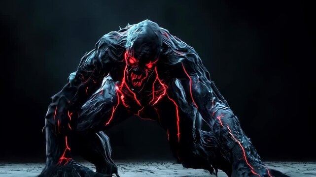 A 3D design of a mutated humanoid creature with glowing red veins on a dark body, positioned in a dark space. A video game concept art. A video game concept art.