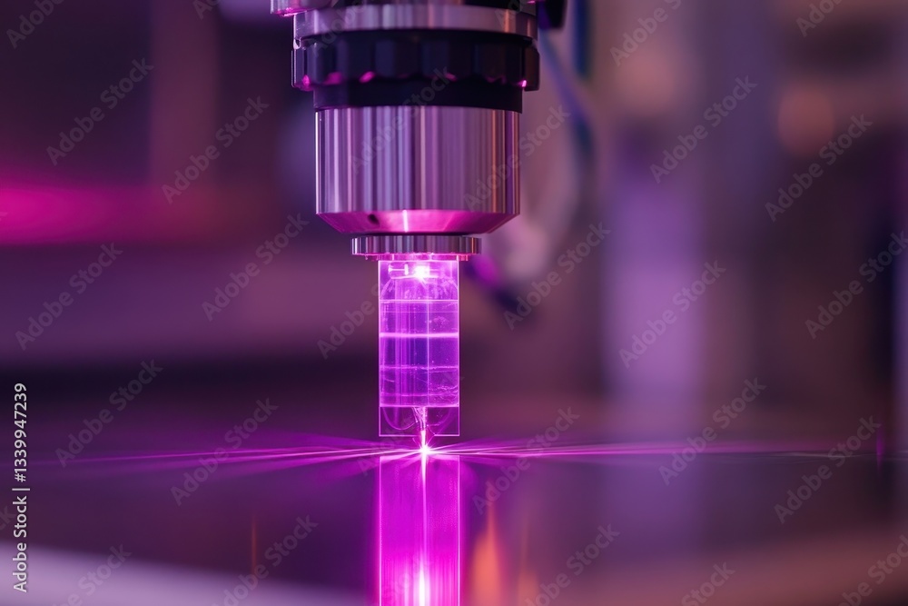 Poster automated laser system cutting a precise pattern into a clear material. shows innovation, technology