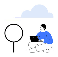 Individual using laptop, seated near magnifying glass and clouds. Ideal for research, analysis, creativity, exploration, technology, focus and innovation themes. Flat simple metaphor
