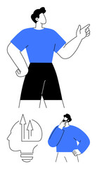 Confident man pointing upwards, thoughtful individual pondering, and abstract brain with upward arrows. Ideal for leadership, innovation, decision-making, growth, strategy, creativity