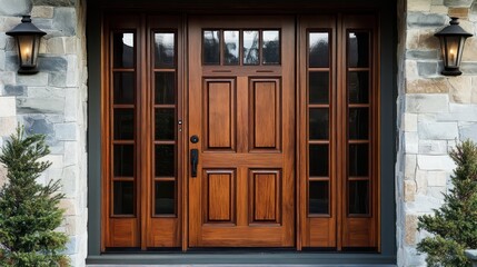 Fototapeta premium Elegant wooden front door residential home entrance architectural photography suburban neighborhood front view home design inspiration