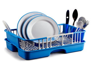Close-up shot of a blue plastic dish rack filled with clean dishes and silverware