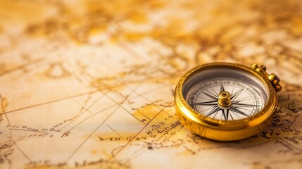 Vintage compass resting on an aged world map, symbolizing exploration and adventure