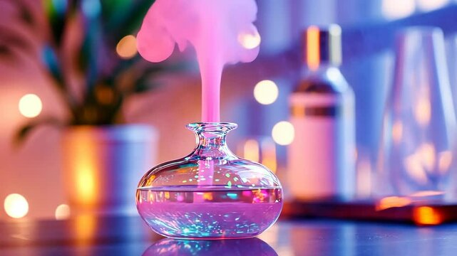 Colorful aromatherapy diffuser releasing fragrant mist in a stylish room with ambient glow