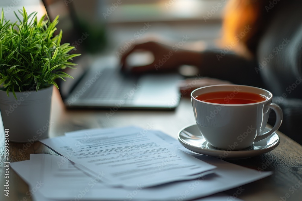 Poster working on a laptop with a cup of tea and documents on a wooden table in a cozy workspace filled wit