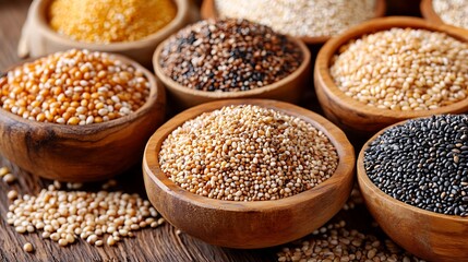 Assorted Grains Wooden Bowls Rustic Table.