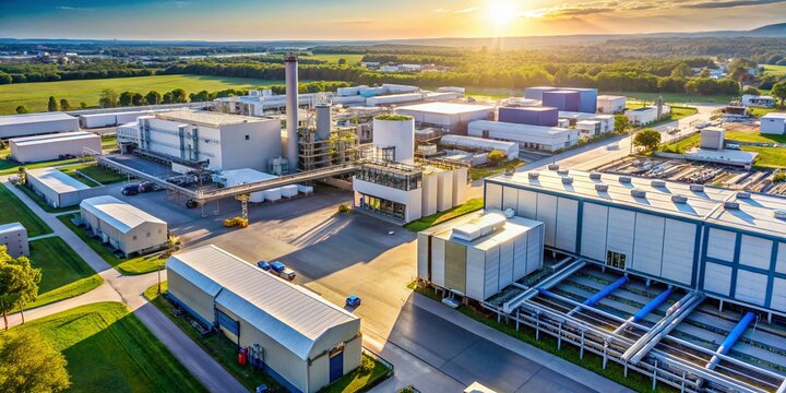 Aerial Drone Shot of a Pharmaceutical Factory, Focusing on Packaging and Distribution of Medical Suppositories