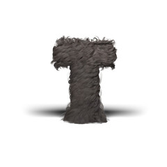 Hairy Letter T. Letter, Alphabet, Fur, Wool, Hairy, Fuzzy, Texture, Soft, Gray, Fiber, Fluffy, Design, Isolated, Typography, Symbol, Sign.