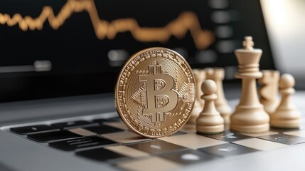 A golden Bitcoin sits prominently on a chessboard beside a laptop screen showing fluctuating financial graphs and data. The setting suggests strategic investment thinking