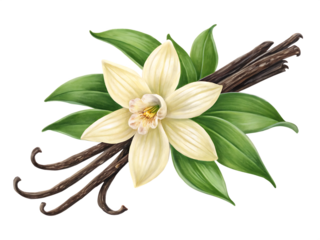 vanilla flower with pods and leaves isolated on white background png. AI Generated 