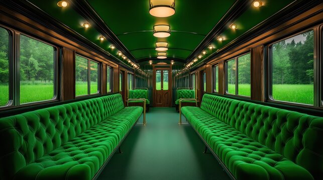 Luxury Green Train Carriage Interior: Scenic Journey