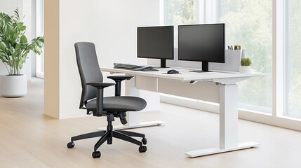 Modern office setup featuring an ergonomic chair and dual monitors in a bright workspace