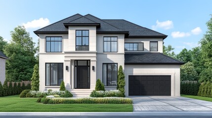 Fototapeta premium Luxury Modern Home Exterior Design: Elegant Two-Story House with Black Accents and Landscaped Yard