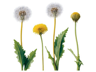 Obraz premium Detailed dandelion patch showcasing seed heads, mature blooms, vibrant leaves