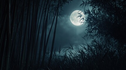 Fototapeta premium Enchanting Full Moon Illuminating a Bamboo Forest at Night