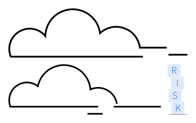 Outline of two clouds with RISK spelled vertically in blue blocks. Ideal for strategy, uncertainty, innovation, decision-making, challenges, change management, abstract line flat metaphor