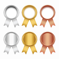 Set of gold silver and bronze awards with ribbons