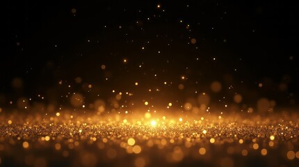 Golden particles with lighting and glitter effect on black background