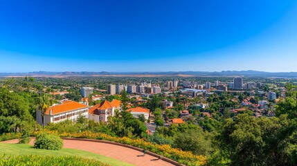 Fototapeta premium Panoramic view of a vibrant cityscape with buildings and mountains under a clear blue sky