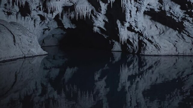 Subterranean landscape: serene cave interior with delicate stalactites mirroring on glassy water surface, revealing geological formations in muted darkness