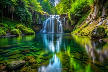 Aerial Macro View: Waterfall Cascade & Reflective Pool Amid Lush Foliage