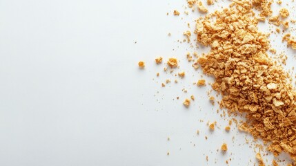 Crushed graham crackers are scattered on a plain white surface. Use this neutral background for baking, dessert, or pastry design.