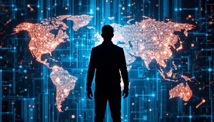 Obraz premium Global Network Connectivity Silhouette of Man Against Digital World Map