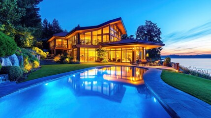 Luxury Waterfront Estate at Dusk