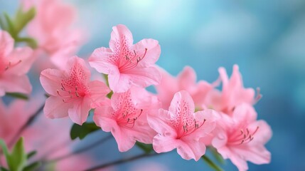 Fototapeta premium Pink azalea flowers in soft focus with blue background. Nature and beauty concept