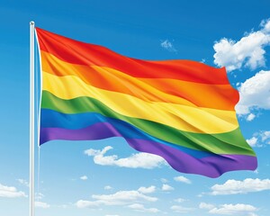 Obraz premium A vibrant rainbow flag waves against a clear blue sky, symbolizing LGBTQ+ pride and diversity.