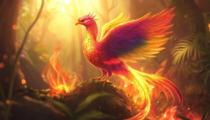 Fototapeta premium A vibrant phoenix rises from the flames, surrounded by a lush forest, radiating colors of fire and embodying rebirth and transformation.