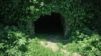 Mysterious Dark Cave Entrance Hidden in Lush Green Foliage