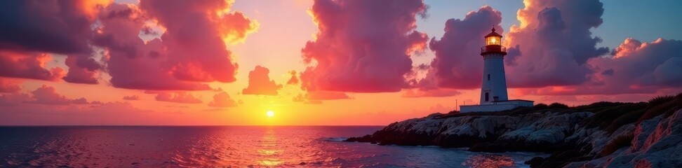 Formentera lighthouse at sunset, dramatic sky, stone, view, orange