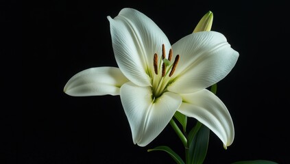 Fototapeta premium Elegant white lily against a dark background, showcasing its delicate petals.