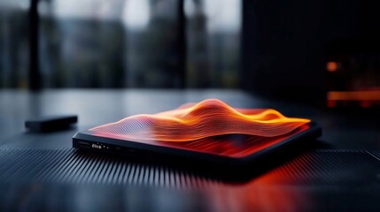Futuristic glowing tablet displaying dynamic wave pattern.