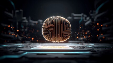 Futuristic golden sphere with circuit board design, floating above a glowing tech surface.