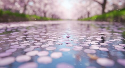 Fototapeta premium Soft-focus cherry blossom petals floating on a calm water surface