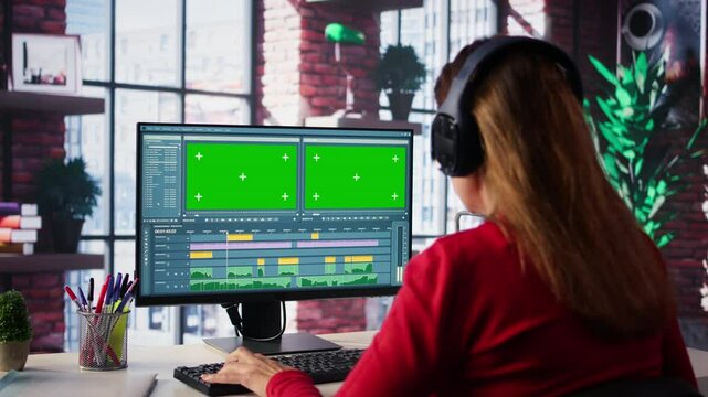 Focused editor woman works on video montage next to copy space, creative software on desktop at home. Filmmaker using dual monitors to edit footage and create content, post production. Camera B.