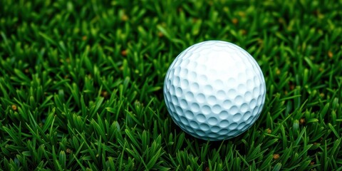 Fototapeta premium A dimpled white golf ball rests on a lush green putting green, green, copy space