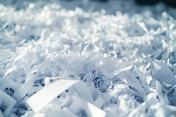 Obraz premium Pile of shredded white paper, close-up with cool, subtle light. It represents data destruction, security, and protecting private information.