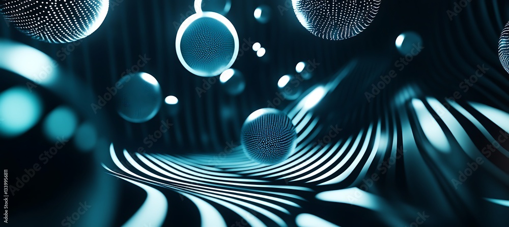 Poster a cosmic backdrop with floating neon orbs in black and white, surrounded by abstract patterns and li