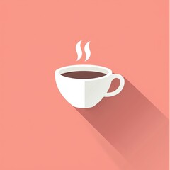 Obraz premium Flat minimalist icon of a cozy coffee cup with steam rising, warm pastel tones, simple geometric design, soft shadow effect